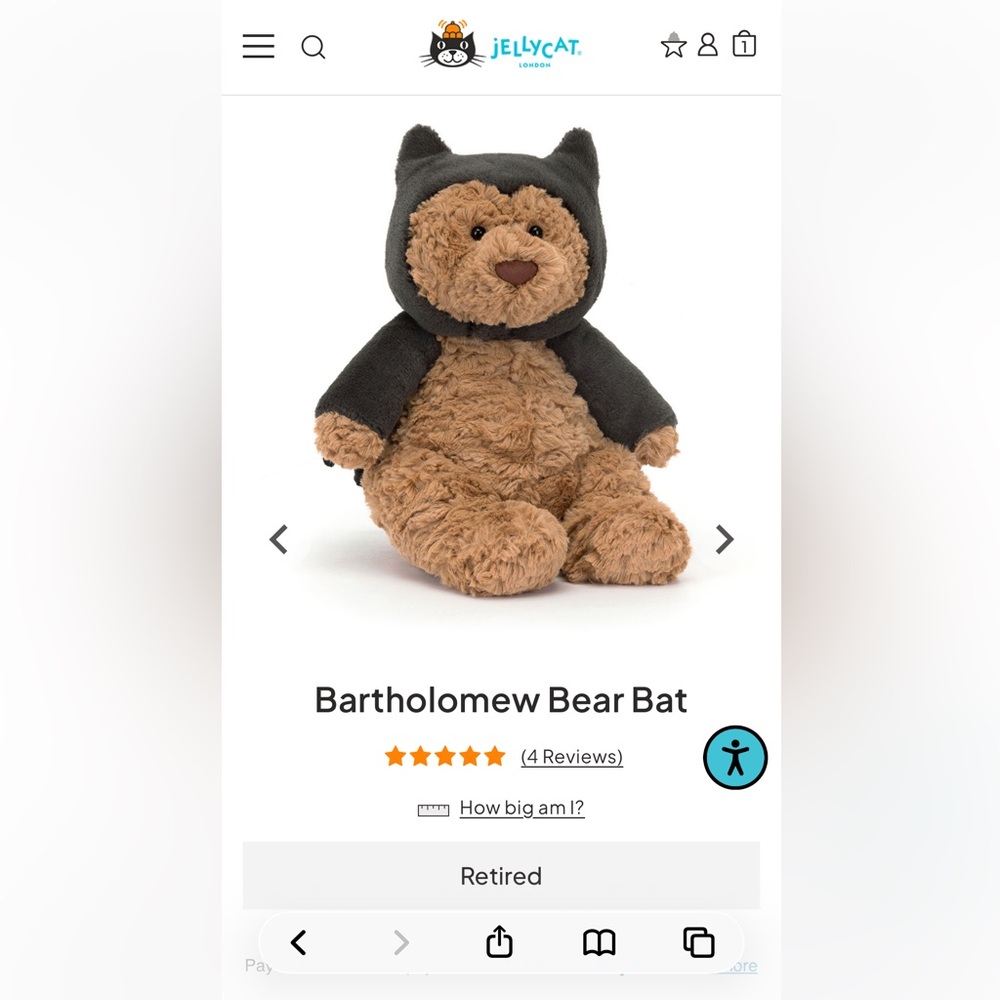 Authentic Jellycat Bartholomew Bear Bat nwt Retired